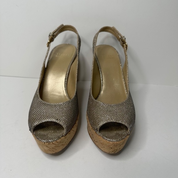 Stuart Weitzman Jean Glitter Slingback Cork Platform Sandals Women's Size 7M - Picture 6 of 14